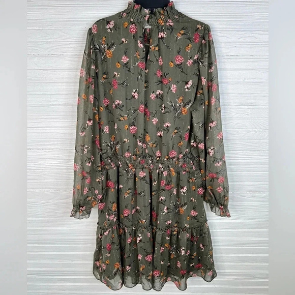 DREW Anthro Green Floral Print Dress Gold Stripes Long Sleeves Smocked Size L - Picture 3 of 16